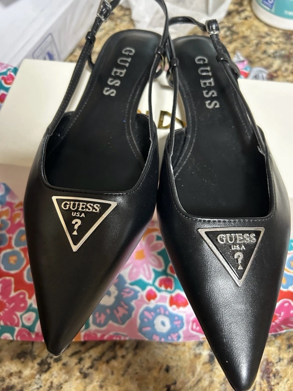 GUESS Black Pointed Slingback Mules with Signature Triangle Emblem